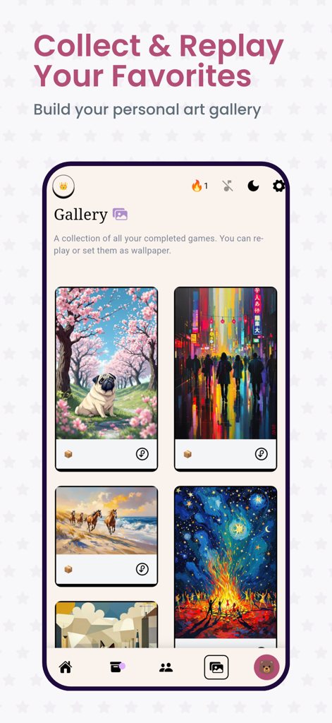 Galería de arte personal en la aplicación Mosaic mostrando una colección de rompecabezas completados, incluyendo un pug y un paisaje urbano.