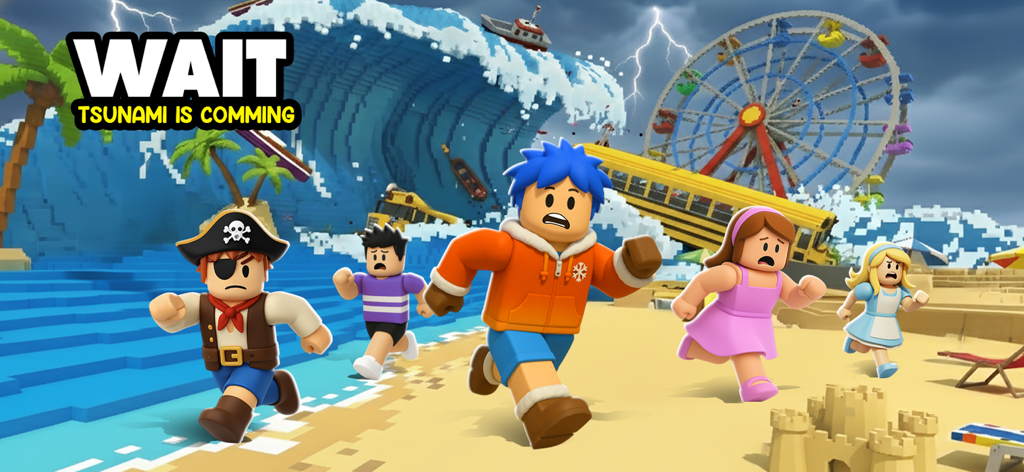 Tsunami Escape Run - Personajes de bloques huyendo de una ola de tsunami masiva en una playa