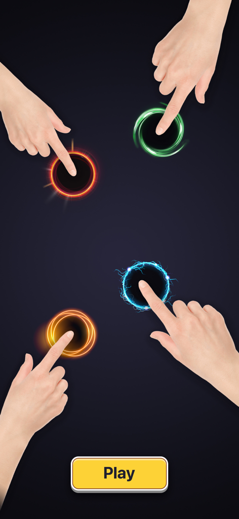 Tap Roulette - Vier Finger berühren verschiedene farbige leuchtende Kreise auf einem mobilen Bildschirm mit einem Play-Button unten