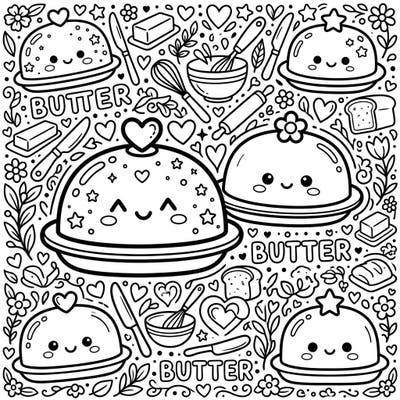 Dive into a world of cuteness with these charming Kawaii butter dishes, ready for your artistic touch. This delightful coloring page is packed with adorable kitchen essentials and sweet treats.