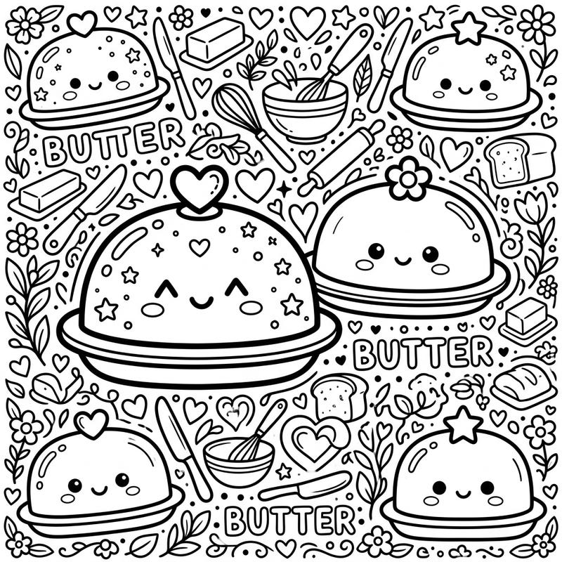 Dive into a world of cuteness with these charming Kawaii butter dishes, ready for your artistic touch. This delightful coloring page is packed with adorable kitchen essentials and sweet treats.