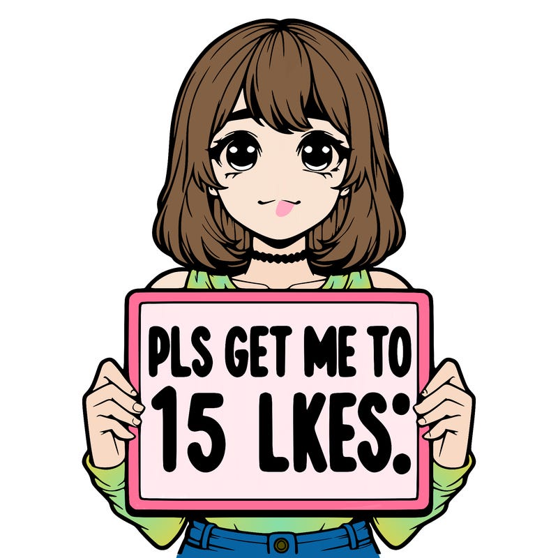 realistic girl holding up a sign that says “pls get me to 15 likes!”