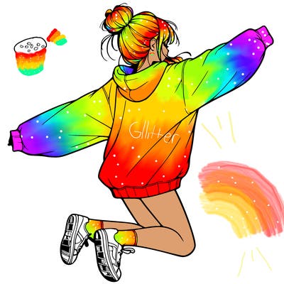 realistic girl jumping with a bun and oversized sweatshirt