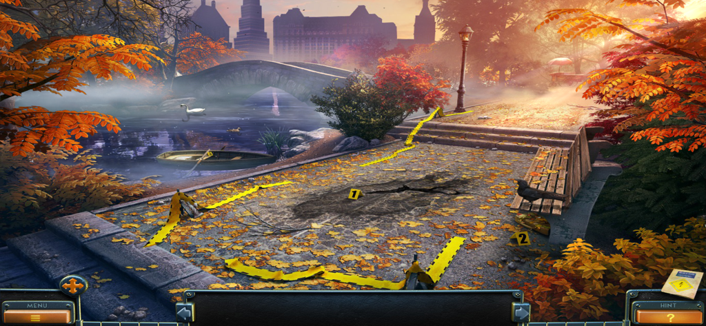 New York Mysteries 2 - An autumnal park crime scene in New York Mysteries 2 with yellow police tape and numbered evidence markers.