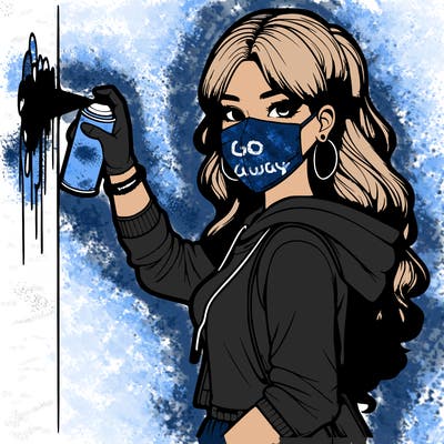 realistic girl with mask spray painting a wall