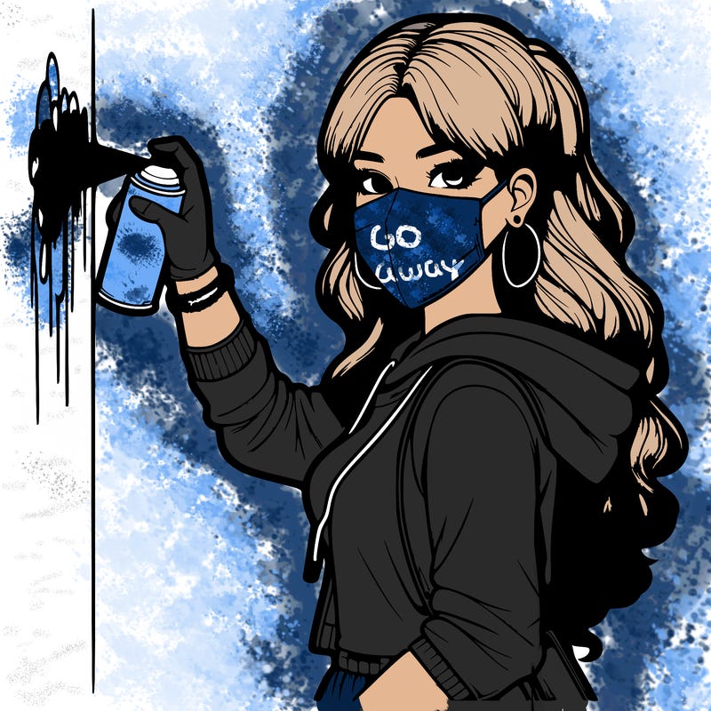 realistic girl with mask spray painting a wall