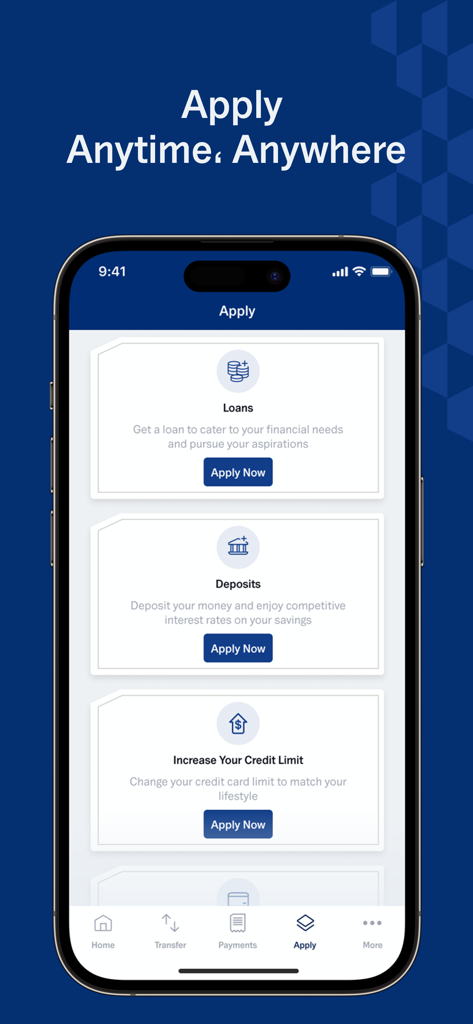 NBKモバイルバンキングアプリのインターフェース。ローンと預金の申し込みオプションが表示されています。