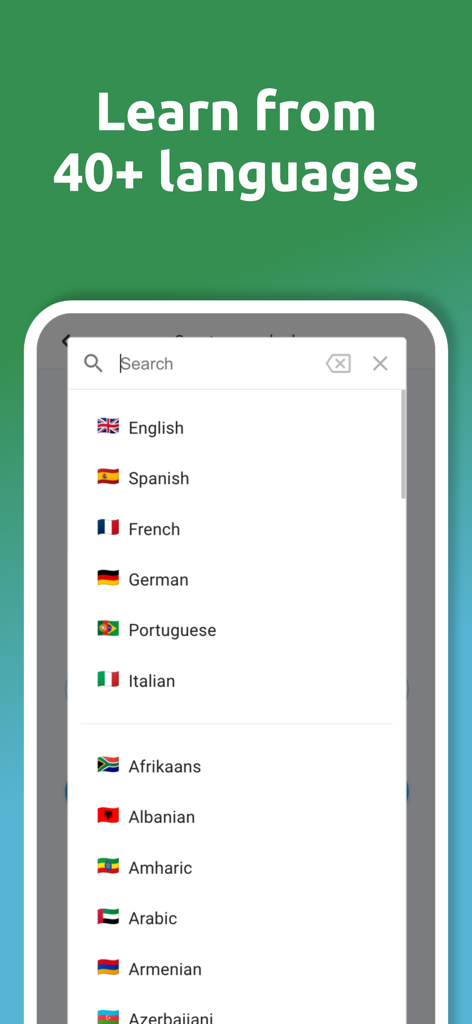 DuoCards app interface showing a list of over 40 languages to learn including Spanish French and German