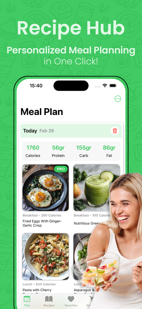 Recipe Hub app interface displaying a daily meal plan with calorie and macro tracking.