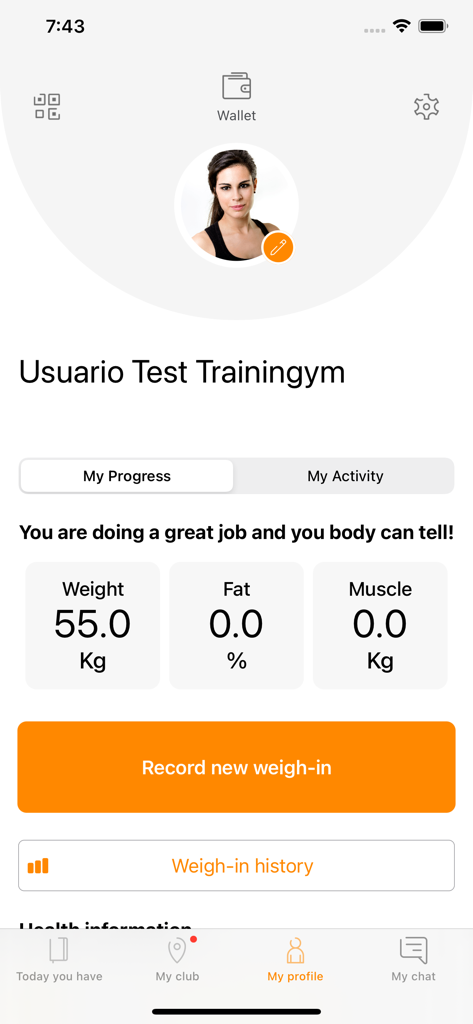 Exen Gym - Exen Gym app profile showing body composition tracking with weight and muscle mass stats