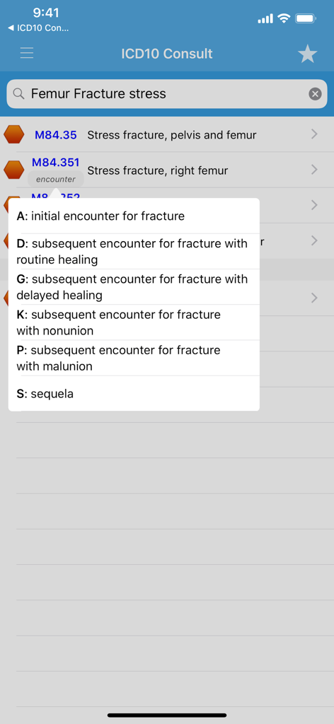ICD10 Consult app showing femur fracture search results and encounter type options