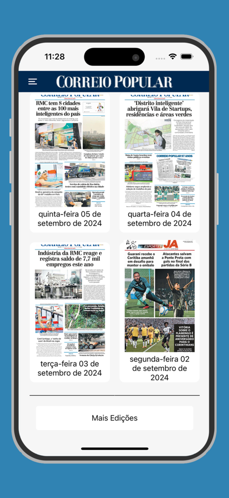 Correio Popular Digital - Una pantalla móvil que muestra una cuadrícula de ediciones anteriores del periódico digital de Correio Popular organizadas por fecha