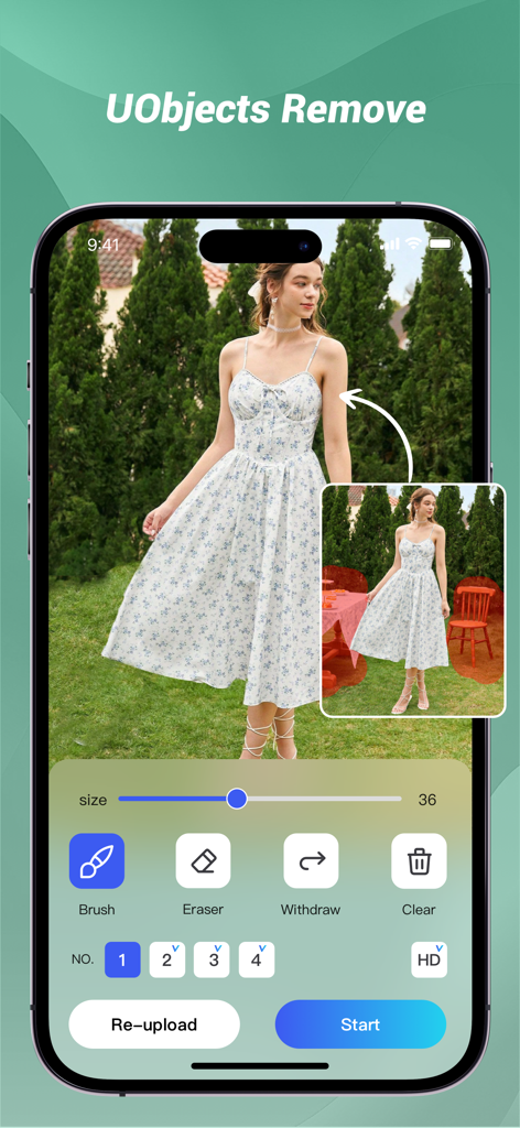 PhotoLeaper:AI Dress up,Video - PhotoLeaper app interface showing how to remove unwanted objects from a photo using AI