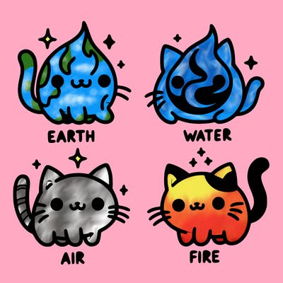 4 cats that represent the different elements, earth, water, air, and fire