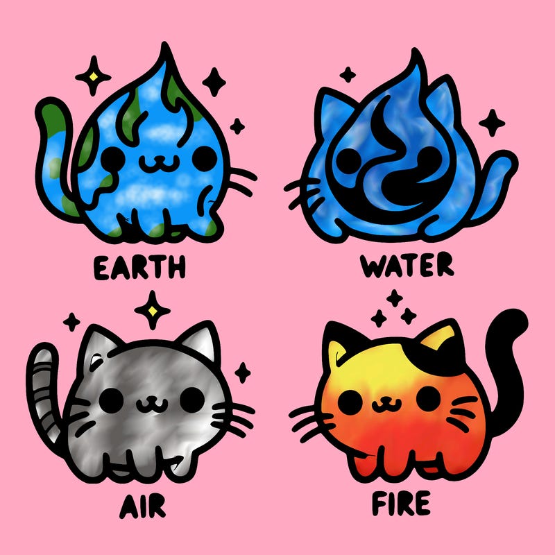 4 cats that represent the different elements, earth, water, air, and fire