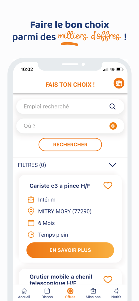 myPROMAN Intérimaires - Interface of the myPROMAN app displaying job search filters and a forklift operator job offer.