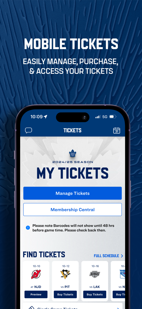 Toronto Maple Leafs mobile app interface for purchasing and managing game tickets