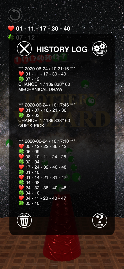 Lottery Wizard 3D - Registro de historial de Lottery Wizard 3D que muestra una lista de números y fechas generados anteriormente