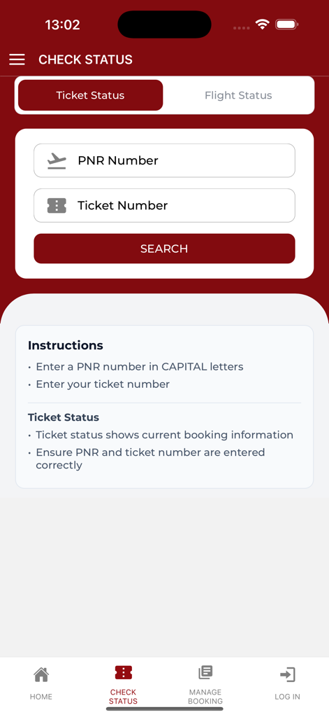 Schermata dell'app mobile Shree Airlines per controllare lo stato del volo e dei biglietti utilizzando i numeri PNR e del biglietto