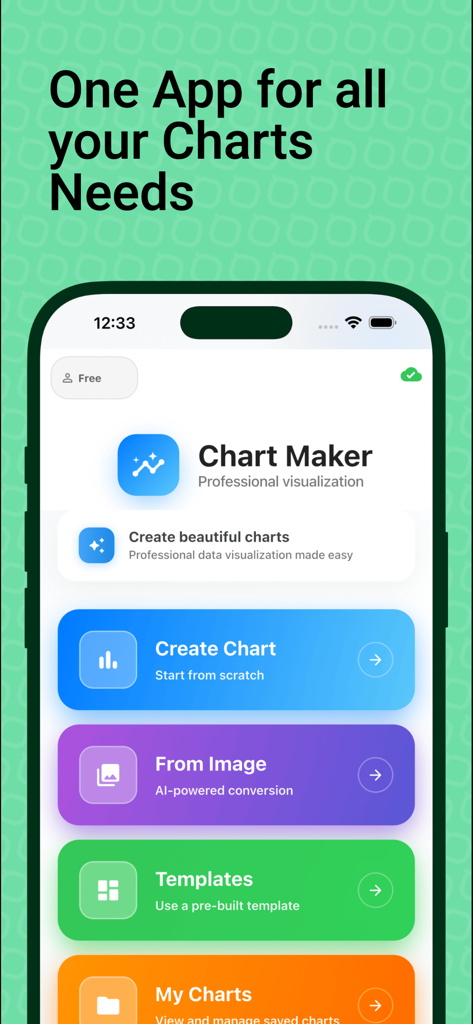 Chart Maker: AI Graph Creator - Chart Maker モバイルアプリのインターフェース。グラフをゼロからまたは画像から作成するためのメニューオプションが表示されています。