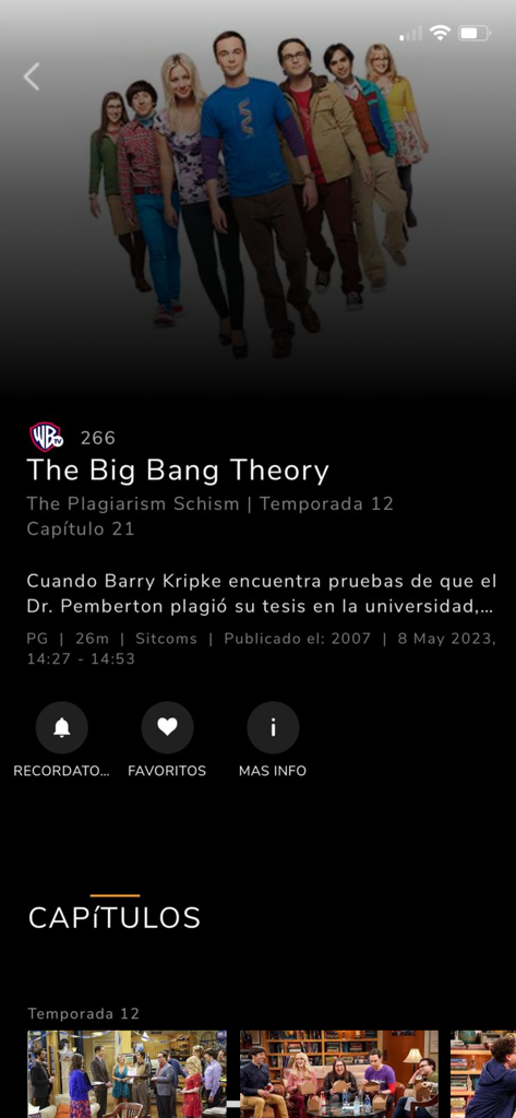 WAVE - Écran de l'application WAVE montrant des informations et des épisodes pour The Big Bang Theory.