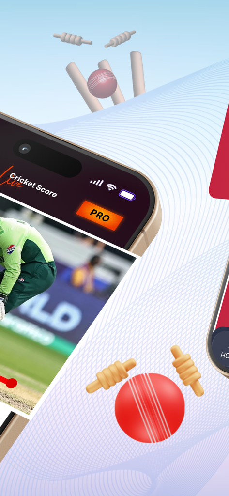PTV Live Sports Cricket HD - A mobile phone screen displaying a cricket match score next to 3D cricket ball and wicket graphics.