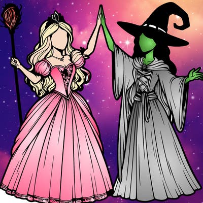 detailed realistic split of a princess and a witch