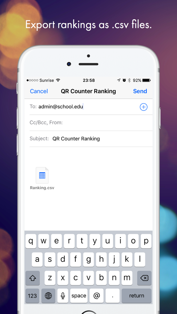 QR Counter - Pantalla de iPhone que muestra un borrador de correo electrónico con un archivo Ranking.csv adjunto de la aplicación QR Counter.