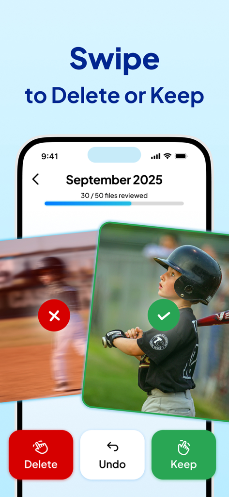 Cleaner GO - Storage Cleanup - Interface of Cleaner GO app showing the swipe left to delete or swipe right to keep gesture for photo cleanup.