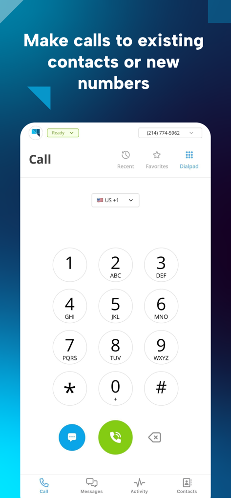 CTM Phone - CTM Phone 모바일 앱 인터페이스에 비즈니스 통화 발신을 위한 다이얼패드가 표시됨