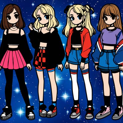 one girl with crop-top shirt and a jacket with a skirt, long socks and another girl with a shirt and pants with a jacket