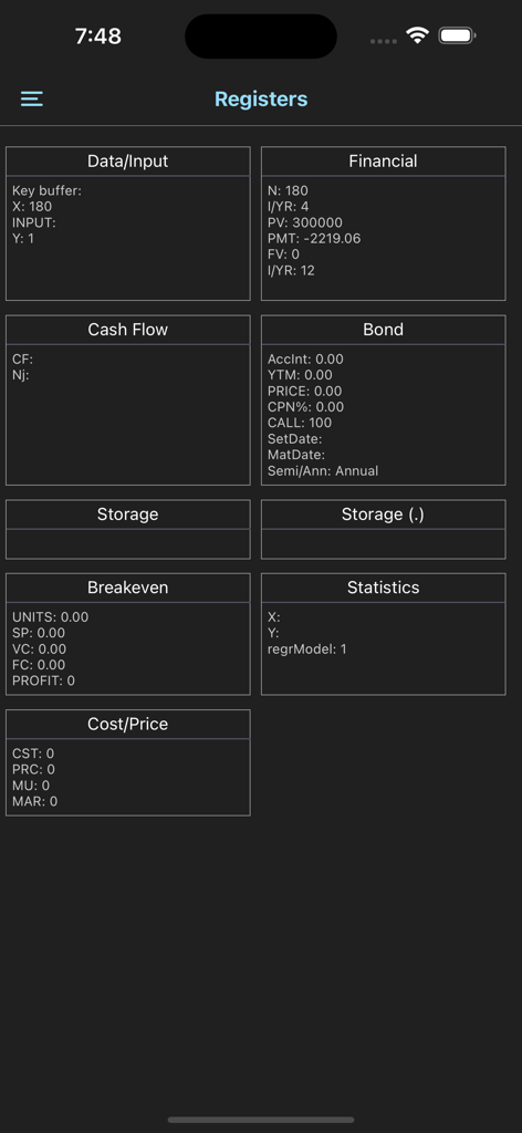 Detailed register view of the 10bII plus financial calculator showing data categories for financial, bond, cash flow, and breakeven calculations.