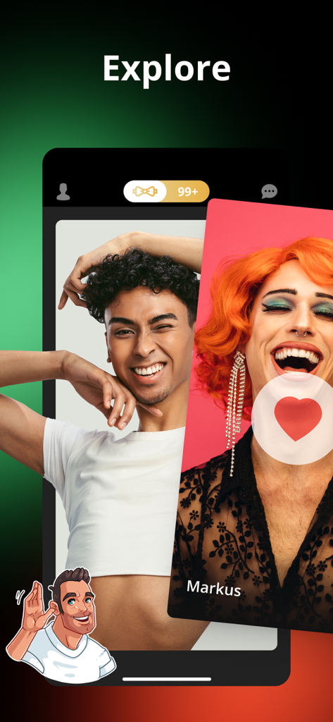 GAY VIDEO chat & dating TWINK - The explore screen of the Twink gay dating app showing profiles of men and a heart icon