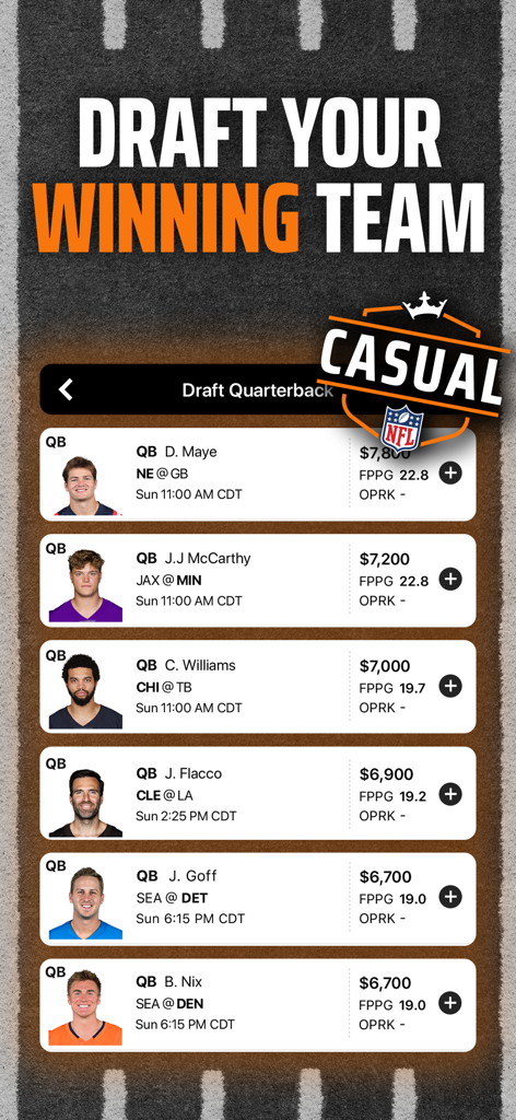 Screenshot of the DraftKings app interface for drafting NFL quarterbacks with player stats and salaries