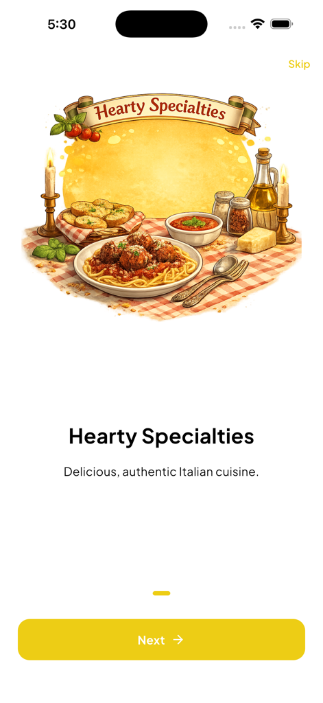 Pantalla de incorporación de la aplicación Phil and Sons que muestra una ilustración de especialidades italianas abundantes