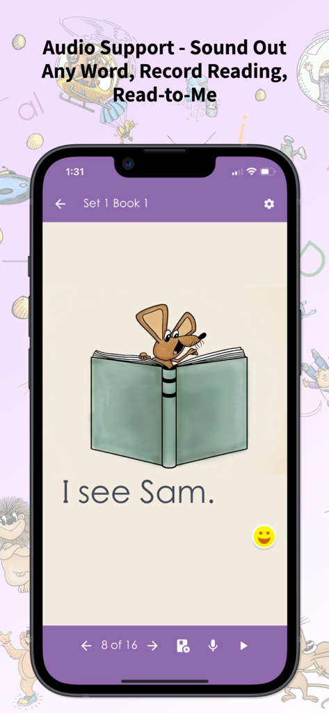 Reading For All Learners 1-8 - Interfaz de la aplicación Lectura para todos los estudiantes que muestra una página de libro decodificable con soporte de audio y funciones de grabación