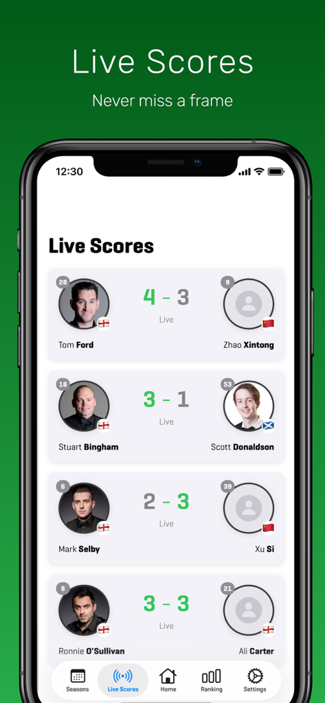 World Snooker Online - Live scores interface of the World Snooker Online app showing match results between professional players
