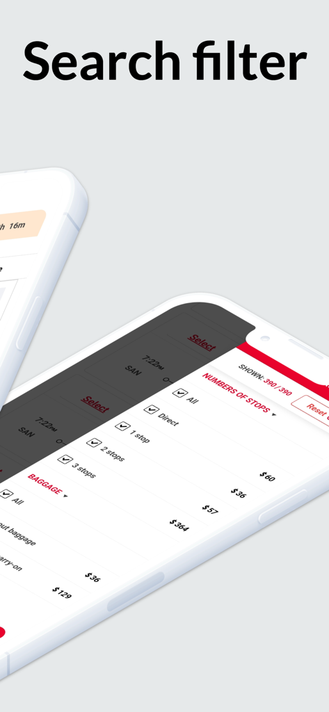乗り継ぎ回数と受託手荷物料金の検索フィルターを表示する格安航空券アプリのインターフェース