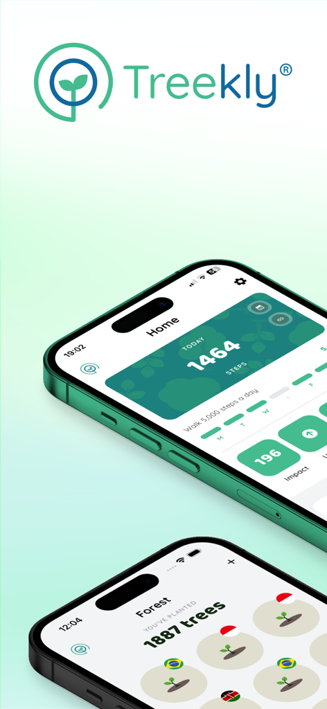 Treekly - Treekly app interface showing daily step tracking and a virtual forest with trees planted globally.