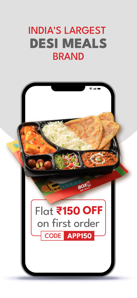 BOX8: Food Delivery App - Box8 app screen displaying an authentic Indian thali meal with a 150 rupees off first order promotion