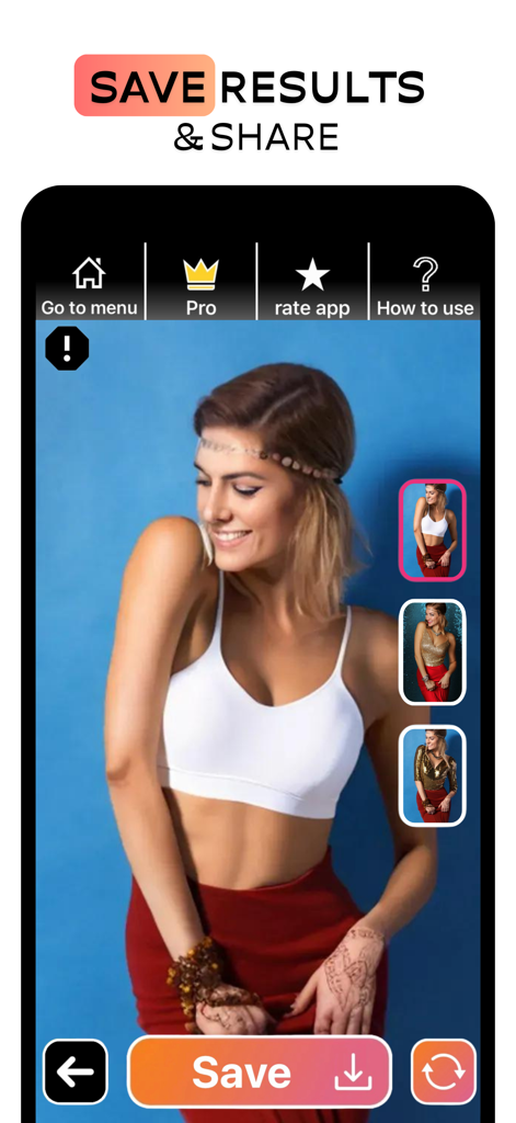AI Dress App-Try on Clothes - Interface of the AI Dress App showing virtual try on results with options to save and share outfits.