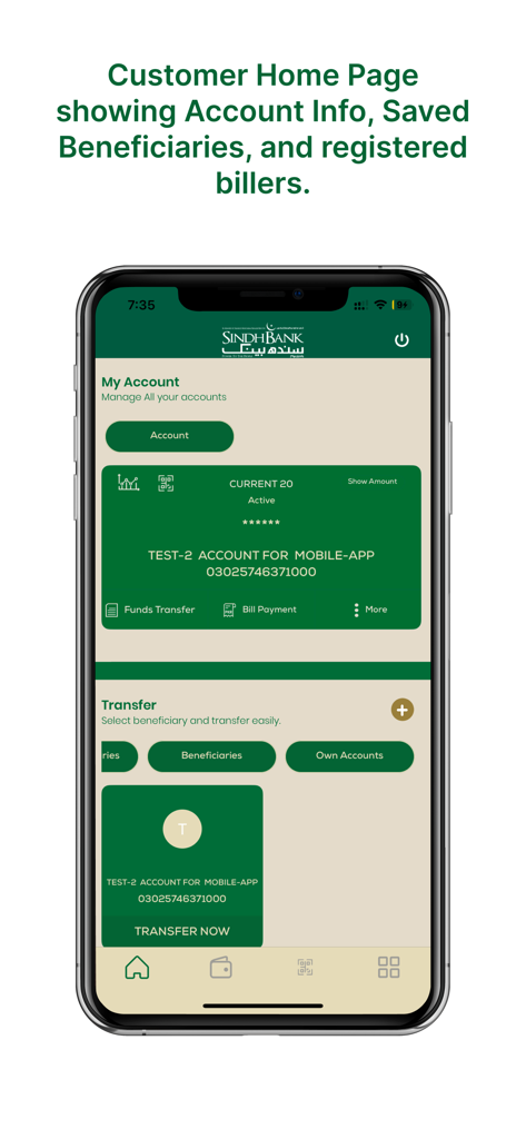 Sindh Bank - Sindh Bank mobile app dashboard showing account details and payment options