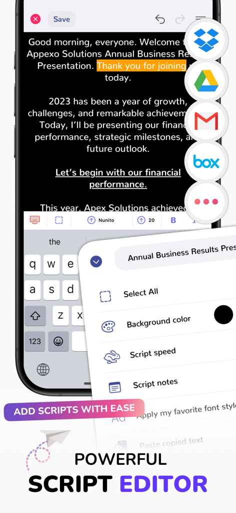 Teleprompter App - Autokue - Editor de roteiro móvel Autokue com formatação de texto e opções de importação na nuvem