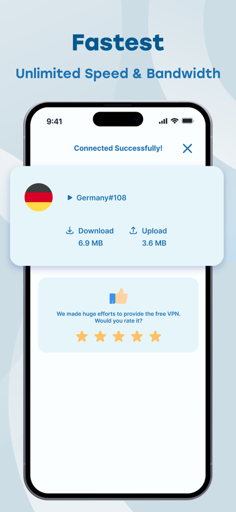 Smartphone-Bildschirm, der eine erfolgreiche VPN-Verbindung zu einem deutschen Server mit Download- und Upload-Geschwindigkeitsstatistiken anzeigt