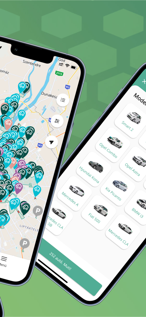 Zwei Mobiltelefonbildschirme, die die MOL Limo Carsharing-App mit einer Fahrzeugkarte von Budapest und einer Auswahl an Automodellen zeigen.