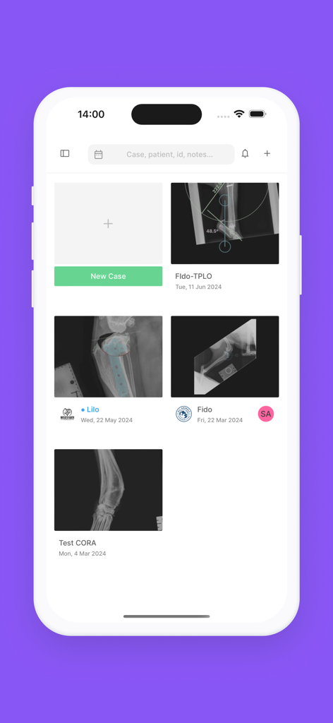 VPOP PROアプリのダッシュボード。X線画像のサムネイル付きの獣医整形外科手術ケースのリストが表示されています