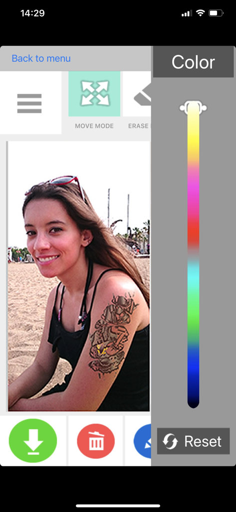 Virtual tattoo editor interface showing color adjustment on a shoulder design