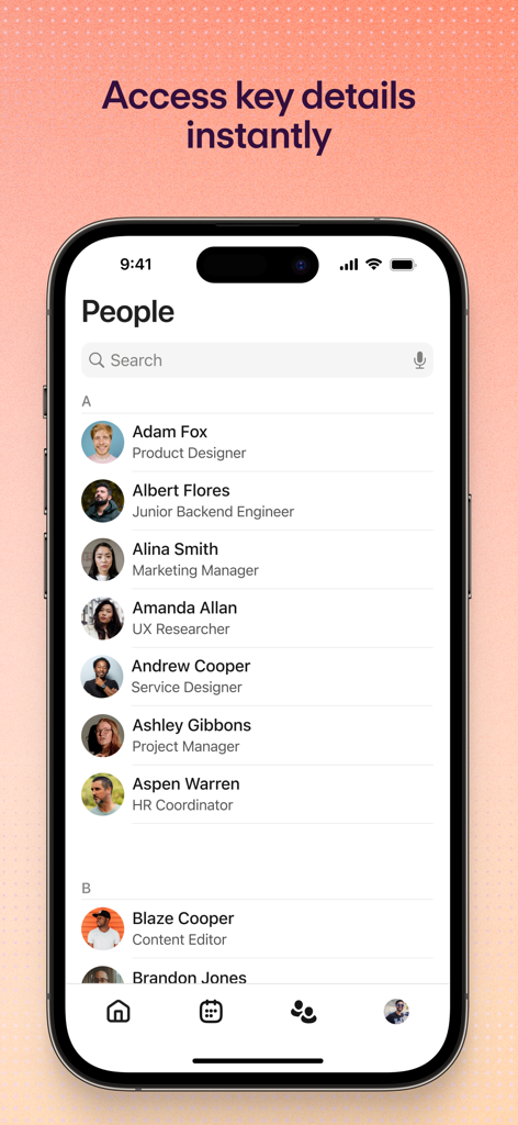 Personio mobile app employee directory showing a list of colleagues with their photos, names, and job titles.