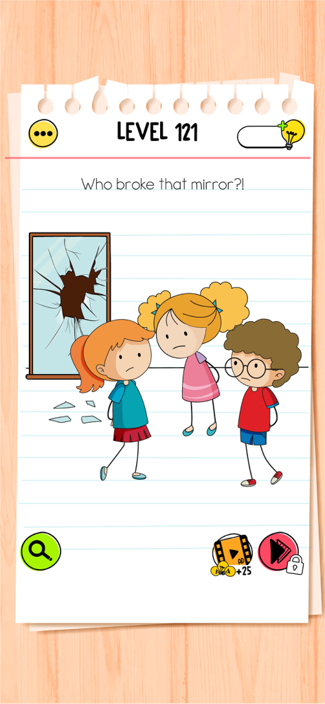 A tricky brain teaser from Brain Test All-Star level 121 asking who broke the mirror featuring three guilty-looking children.