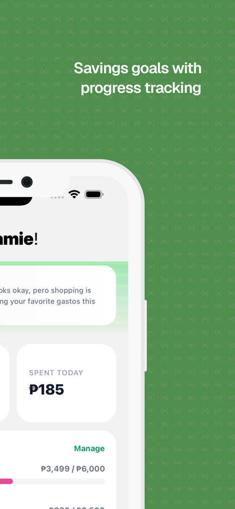Tarsi - Budget Tracker - Tarsi app interface showing savings goals with progress bars and daily spending summary